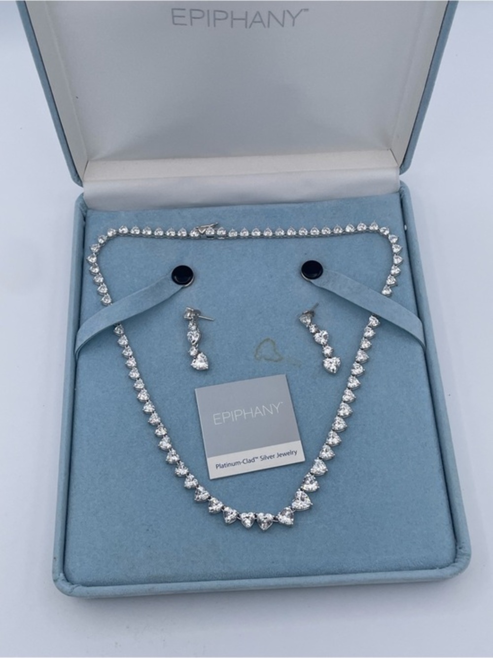 Epiphany 925 Sterling Silver Heart CZ Tennis Necklace Earrings Set Platinum Clad